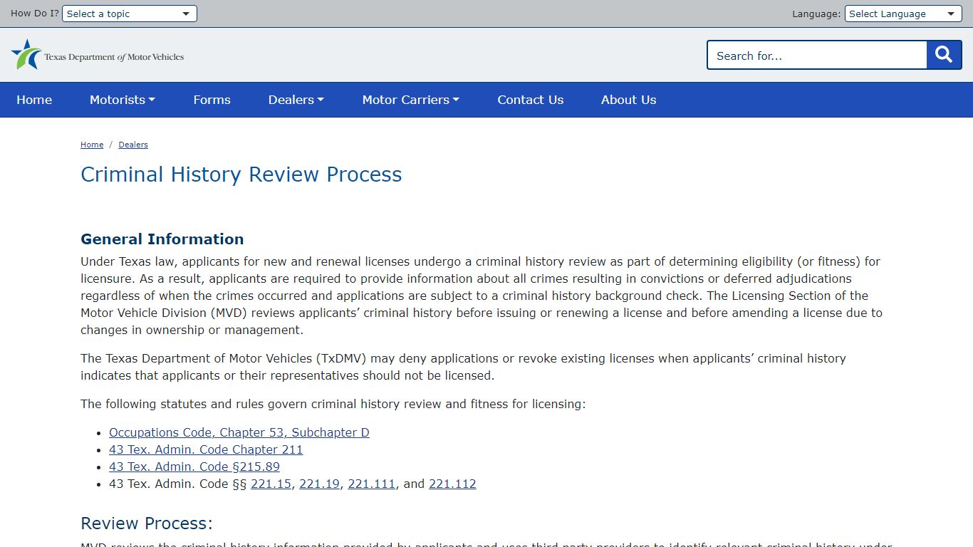 Criminal History Review Process | TxDMV.gov - Texas Department of Motor ...